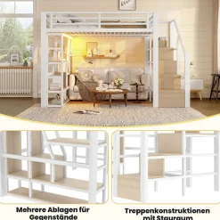 Okwish Lit Mezzanine 140x200 cm Métal Blanc avec Éclairage LED, Escalier Intégré et Garde-Corps, Lit Ado ou Adulte* Lit Mezzanine