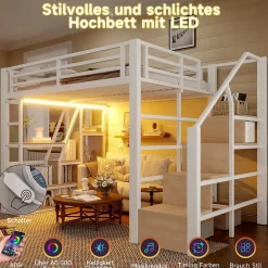 Okwish Lit Mezzanine 140x200 cm Métal Blanc avec Éclairage LED, Escalier Intégré et Garde-Corps, Lit Ado ou Adulte* Lit Mezzanine
