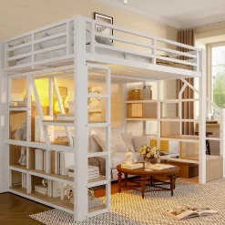 Okwish Lit Mezzanine 140x200 cm Métal Blanc avec Éclairage LED, Escalier Intégré et Garde-Corps, Lit Ado ou Adulte* Lit Mezzanine