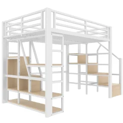 Okwish Lit Mezzanine 140x200 cm Métal Blanc avec Éclairage LED, Escalier Intégré et Garde-Corps, Lit Ado ou Adulte* Lit Mezzanine