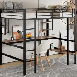 ProximaX Lit mezzanine 90x200 cm métal noir, surélevé avec échelle, bureau et 4 étagères d angle, pour enfants et ados*Enfant Lit Enfant