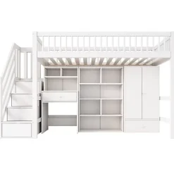 ModernLuxe Lit mezzanine 90x200 cm multifonctionnel en bois et MDF - avec escalier de rangement, bureau et armoire - Blanc(sans matelas)*Enfant Lit Enfant