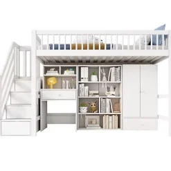 ModernLuxe Lit mezzanine 90x200 cm multifonctionnel en bois et MDF - avec escalier de rangement, bureau et armoire - Blanc(sans matelas)*Enfant Lit Enfant