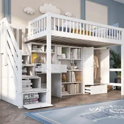 ModernLuxe Lit mezzanine 90x200 cm multifonctionnel en bois et MDF - avec escalier de rangement, bureau et armoire - Blanc(sans matelas)*Enfant Lit Enfant