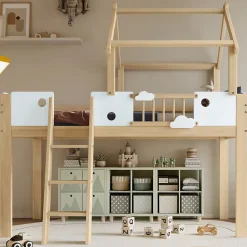 Okwish Lit mezzanine 90x200 cm simple avec échelle 3 niveaux et protection, bois pin MDF contreplaqué blanc et naturel sans matelas* Lit Mezzanine
