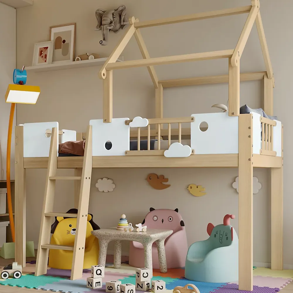 Okwish Lit mezzanine 90x200 cm simple avec échelle 3 niveaux et protection, bois pin MDF contreplaqué blanc et naturel sans matelas* Lit Mezzanine
