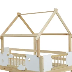 Okwish Lit mezzanine 90x200 cm simple avec échelle 3 niveaux et protection, bois pin MDF contreplaqué blanc et naturel sans matelas* Lit Mezzanine