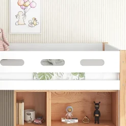 Okwish Lit mezzanine 90x200 cm simple enfant avec armoires amovibles et protection antichute, pin et MDF, naturel et blanc sans matelas* Lit Mezzanine