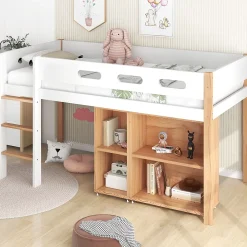 Okwish Lit mezzanine 90x200 cm simple enfant avec armoires amovibles et protection antichute, pin et MDF, naturel et blanc sans matelas* Lit Mezzanine