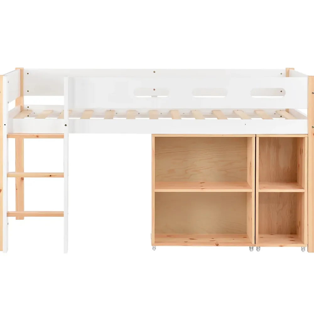 Okwish Lit mezzanine 90x200 cm simple enfant avec armoires amovibles et protection antichute, pin et MDF, naturel et blanc sans matelas* Lit Mezzanine
