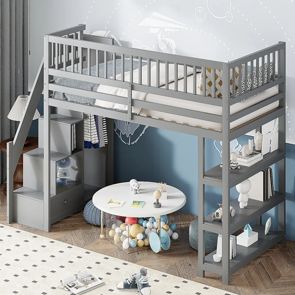 Lit mezzanine 90x200 cm simple avec rangement, escalier sécurisé, placard et étagères, bois massif et MDF gris sans matelas>Okwish Best
