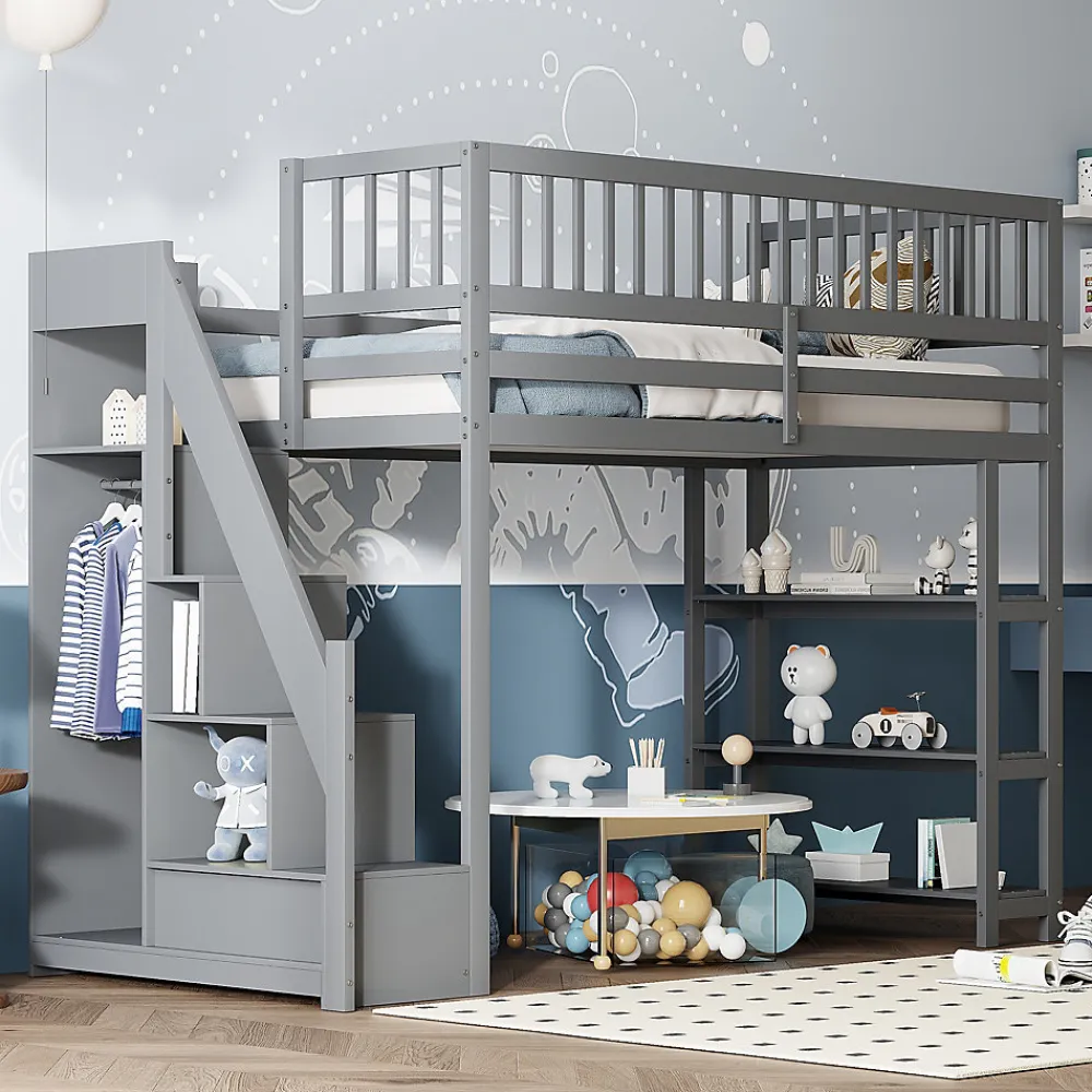 Lit mezzanine 90x200 cm simple avec rangement, escalier sécurisé, placard et étagères, bois massif et MDF gris sans matelas>Okwish Best