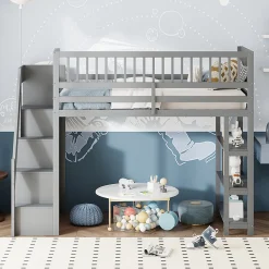 Lit mezzanine 90x200 cm simple avec rangement, escalier sécurisé, placard et étagères, bois massif et MDF gris sans matelas><noscript><img width=