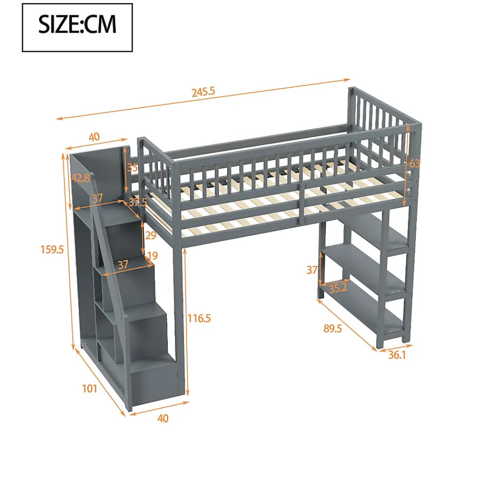 Lit mezzanine 90x200 cm simple avec rangement, escalier sécurisé, placard et étagères, bois massif et MDF gris sans matelas>Okwish Best