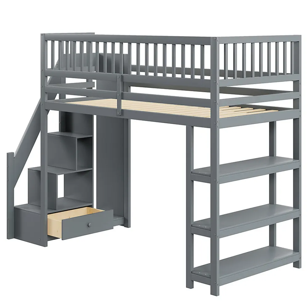 Lit mezzanine 90x200 cm simple avec rangement, escalier sécurisé, placard et étagères, bois massif et MDF gris sans matelas>Okwish Best