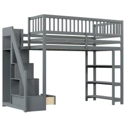 Lit mezzanine 90x200 cm simple avec rangement, escalier sécurisé, placard et étagères, bois massif et MDF gris sans matelas><noscript><img width=