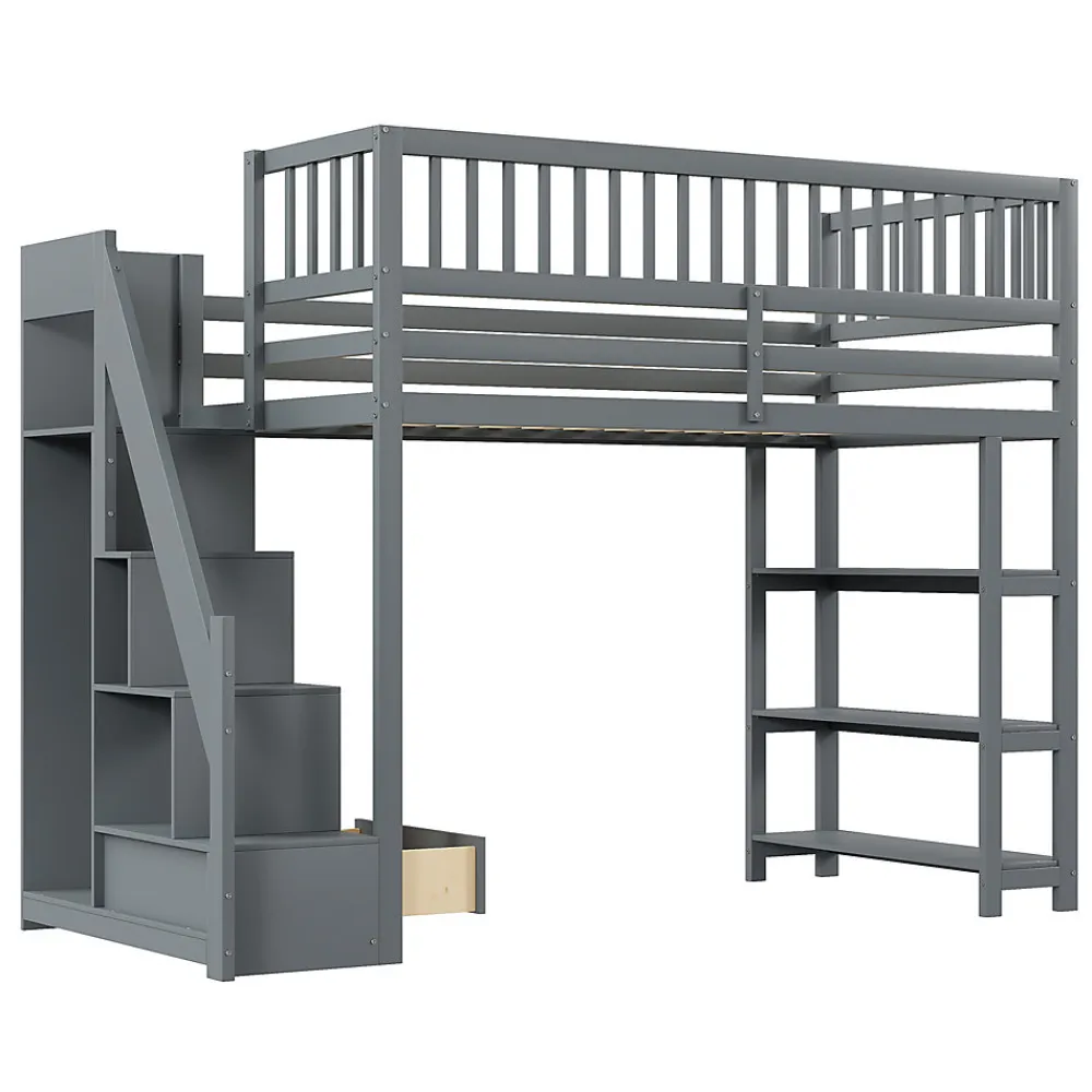 Lit mezzanine 90x200 cm simple avec rangement, escalier sécurisé, placard et étagères, bois massif et MDF gris sans matelas>Okwish Best