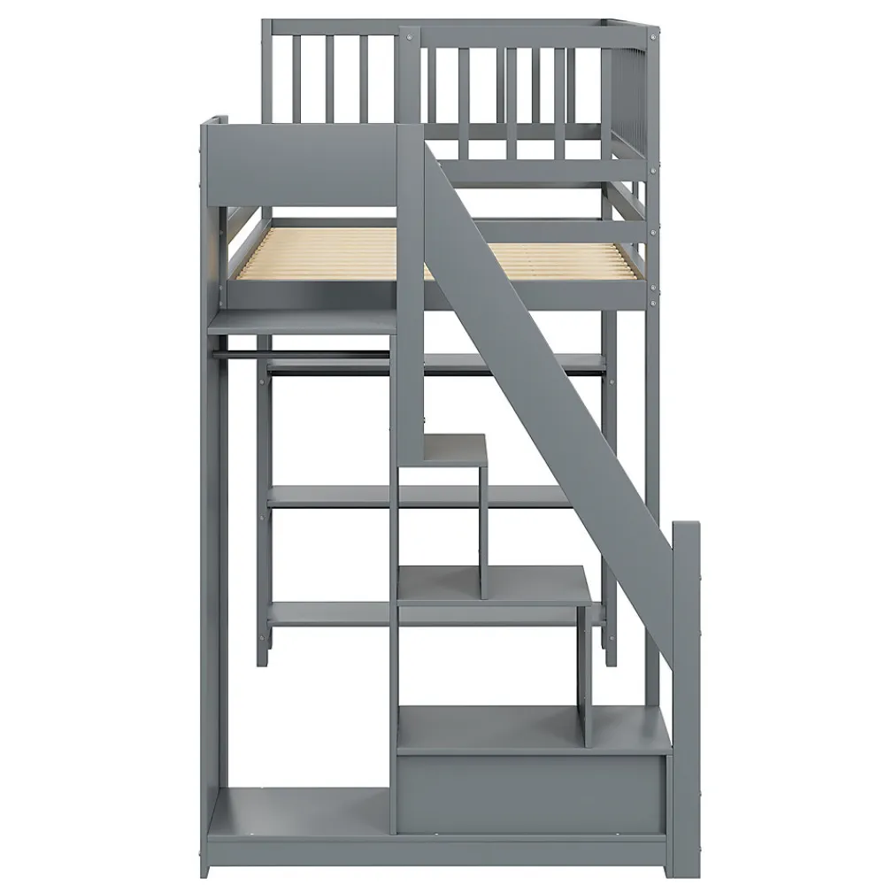 Lit mezzanine 90x200 cm simple avec rangement, escalier sécurisé, placard et étagères, bois massif et MDF gris sans matelas>Okwish Best