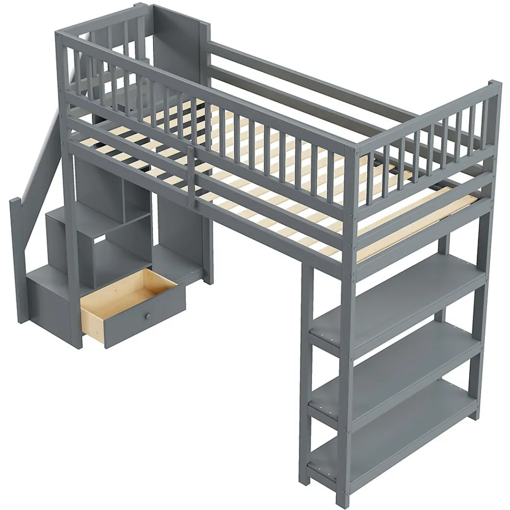 Lit mezzanine 90x200 cm simple avec rangement, escalier sécurisé, placard et étagères, bois massif et MDF gris sans matelas>Okwish Best