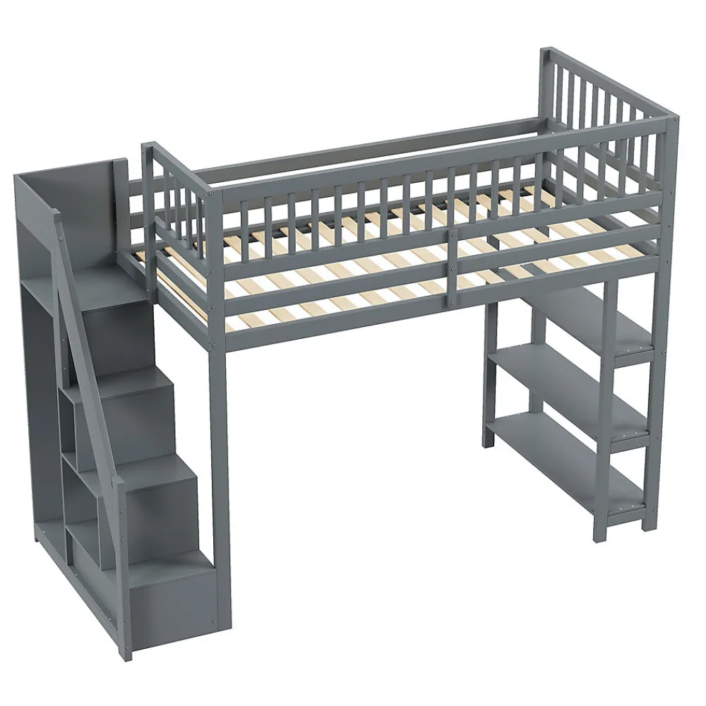 Lit mezzanine 90x200 cm simple avec rangement, escalier sécurisé, placard et étagères, bois massif et MDF gris sans matelas>Okwish Best