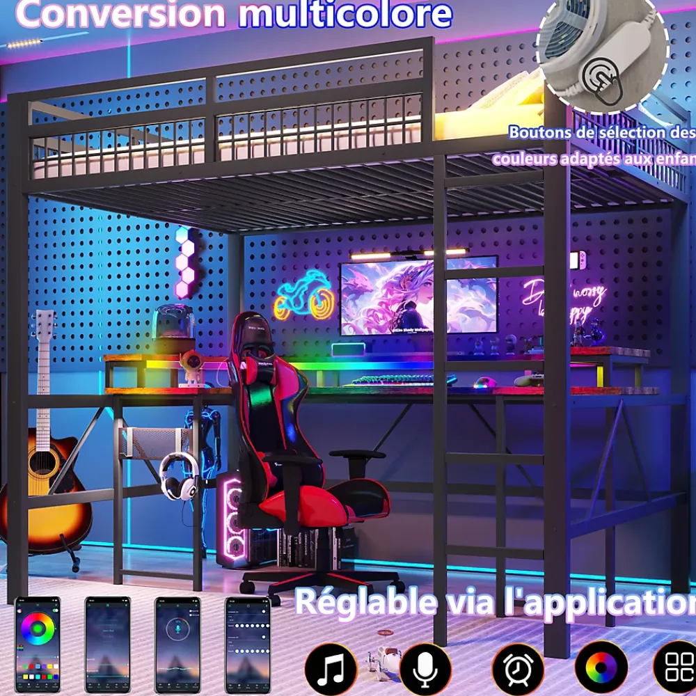 Okwish Lit Mezzanine 140x200 cm-Bureau Intégré, Éclairage LED Réglable et Panneau Perforé, Ports USB, Type-C et 2 Prises - Métal/MDF Noir* Lit Mezzanine