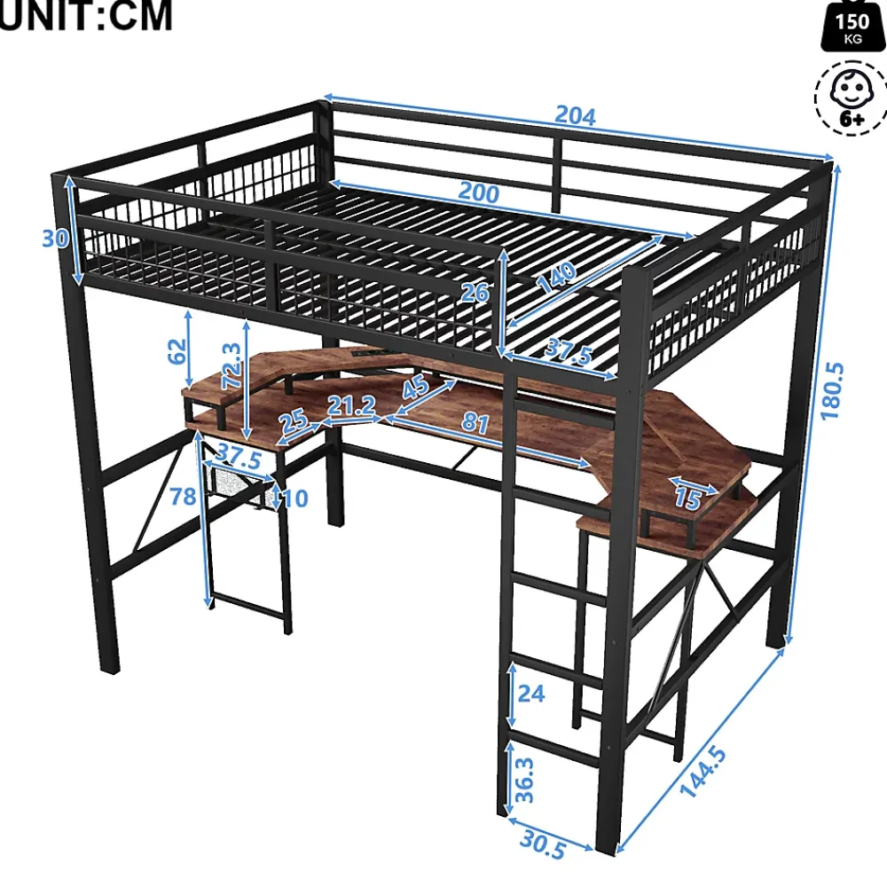 Okwish Lit Mezzanine 140x200 cm-Bureau Intégré, Éclairage LED Réglable et Panneau Perforé, Ports USB, Type-C et 2 Prises - Métal/MDF Noir* Lit Mezzanine