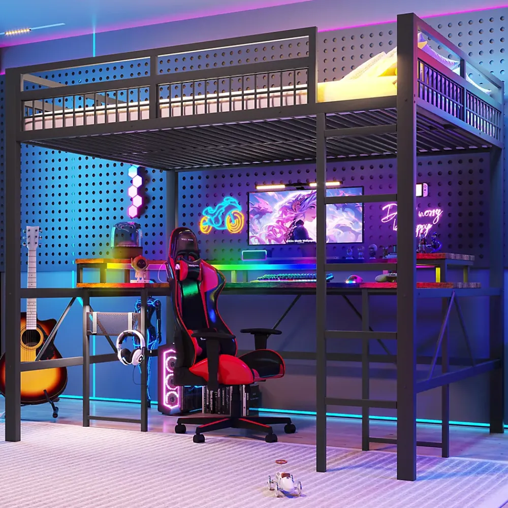 Okwish Lit Mezzanine 140x200 cm-Bureau Intégré, Éclairage LED Réglable et Panneau Perforé, Ports USB, Type-C et 2 Prises - Métal/MDF Noir* Lit Mezzanine