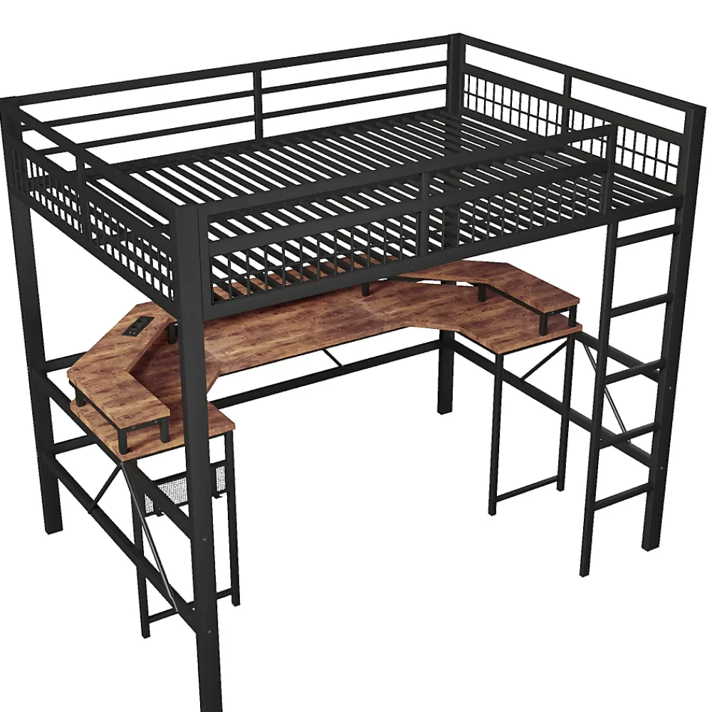 Okwish Lit Mezzanine 140x200 cm-Bureau Intégré, Éclairage LED Réglable et Panneau Perforé, Ports USB, Type-C et 2 Prises - Métal/MDF Noir* Lit Mezzanine