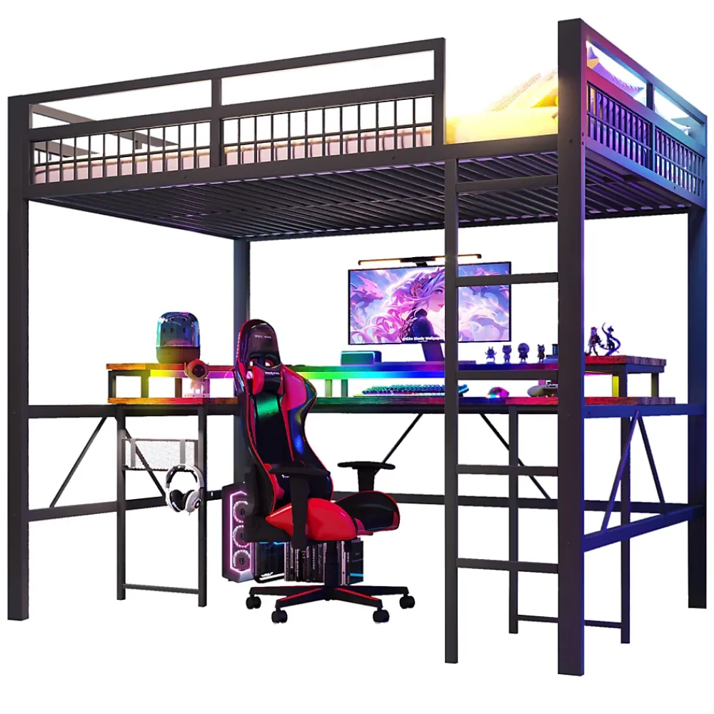 Okwish Lit Mezzanine 140x200 cm-Bureau Intégré, Éclairage LED Réglable et Panneau Perforé, Ports USB, Type-C et 2 Prises - Métal/MDF Noir* Lit Mezzanine