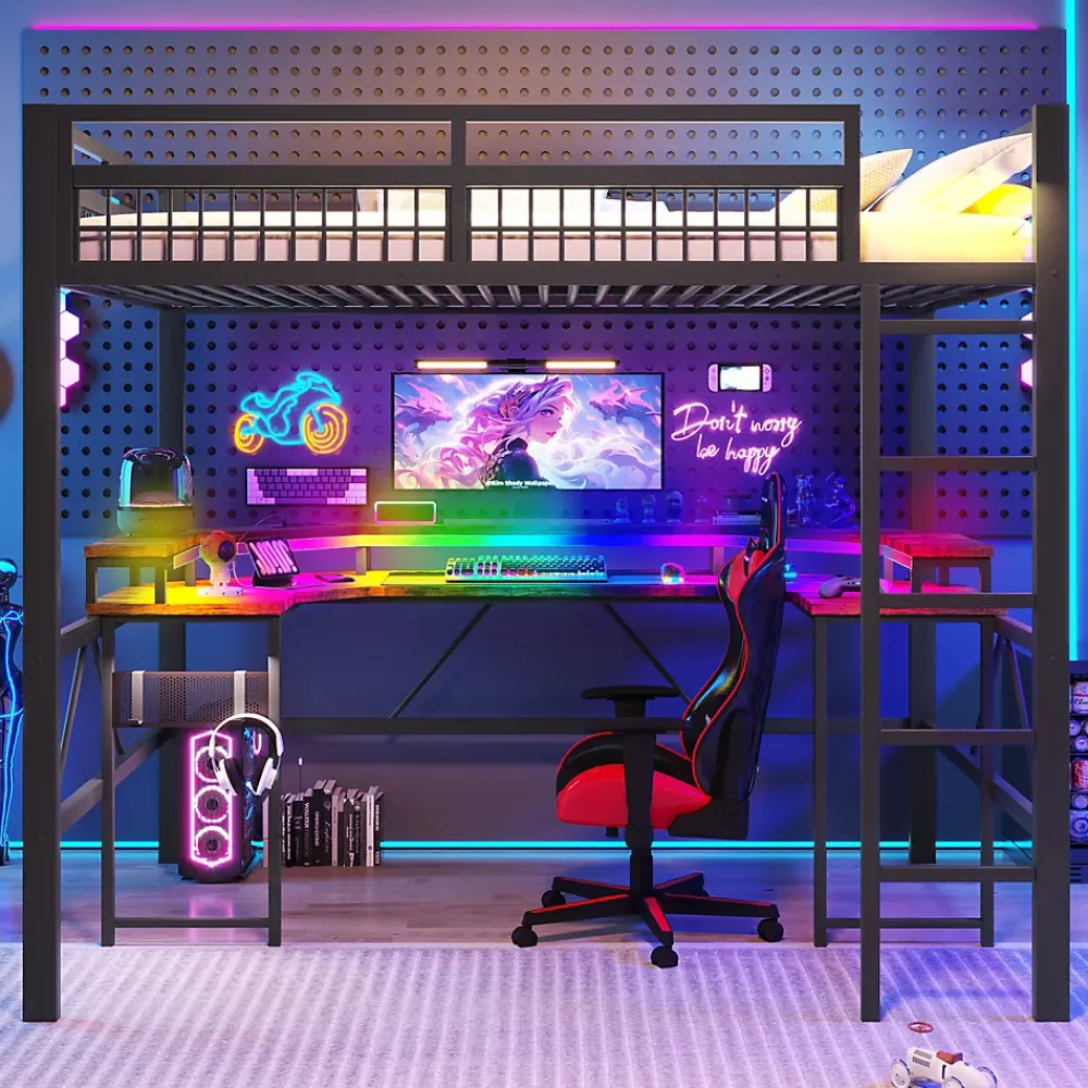 Okwish Lit Mezzanine 140x200 cm-Bureau Intégré, Éclairage LED Réglable et Panneau Perforé, Ports USB, Type-C et 2 Prises - Métal/MDF Noir* Lit Mezzanine
