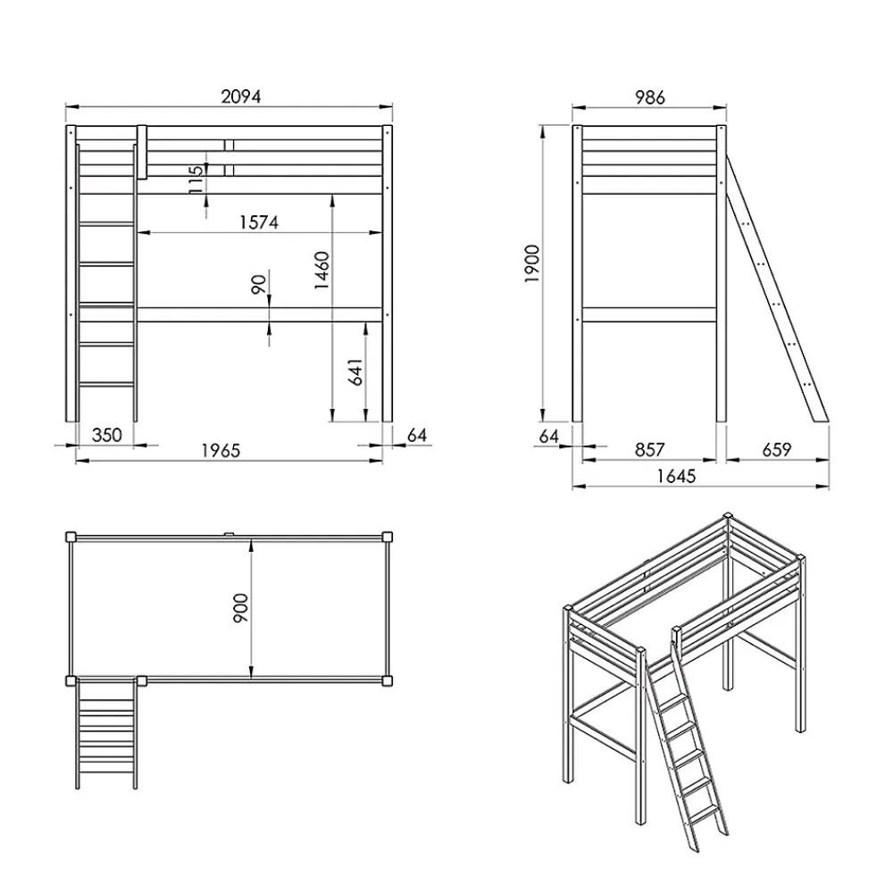Lit Mezzanine 90x200 Sommier Inclus Vipack Pino - Blanc>Petits-Meubles New