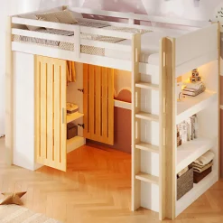 Lit mezzanine 90x200cm - avec éclairage LED - avec armoire - avec étagères - blanc + naturel (matelas non inclus)>ModernLuxe Outlet
