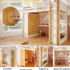 Lit mezzanine 90x200cm - avec éclairage LED - avec armoire - avec étagères - blanc + naturel (matelas non inclus)><noscript><img width=