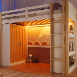 Lit mezzanine 90x200cm - avec éclairage LED - avec armoire - avec étagères - blanc + naturel (matelas non inclus)><noscript><img width=