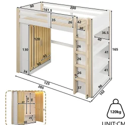 Lit mezzanine 90x200cm - avec éclairage LED - avec armoire - avec étagères - blanc + naturel (matelas non inclus)><noscript><img width=