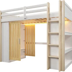 Lit mezzanine 90x200cm - avec éclairage LED - avec armoire - avec étagères - blanc + naturel (matelas non inclus)><noscript><img width=