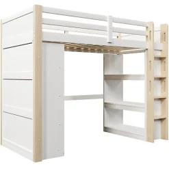 Lit mezzanine 90x200cm - avec éclairage LED - avec armoire - avec étagères - blanc + naturel (matelas non inclus)><noscript><img width=