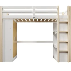 Lit mezzanine 90x200cm - avec éclairage LED - avec armoire - avec étagères - blanc + naturel (matelas non inclus)><noscript><img width=