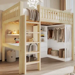 Lit mezzanine 140x200cm - bureau et armoire - 3 tiroirs - escalier - naturel (matelas non inclus)>ModernLuxe