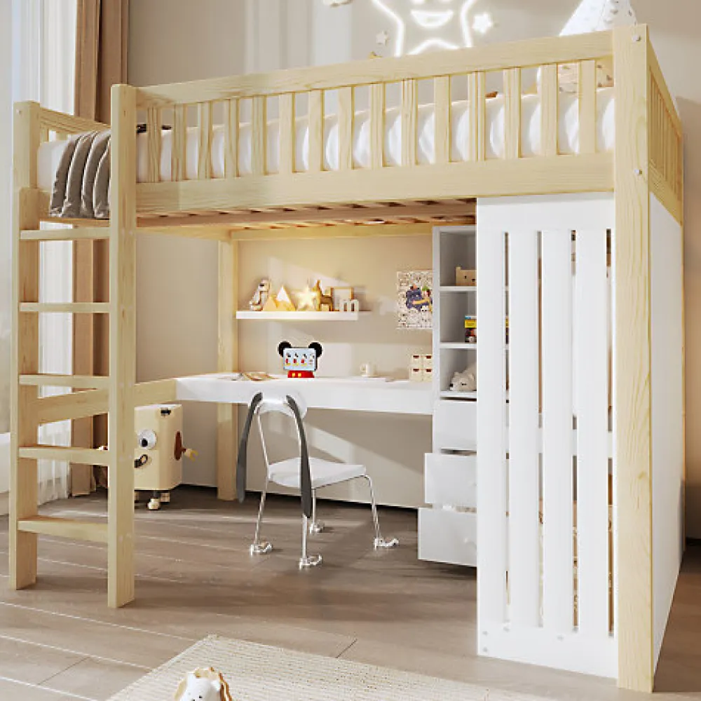 Lit mezzanine 140x200cm - bureau et armoire - 3 tiroirs - escalier - naturel (matelas non inclus)>ModernLuxe