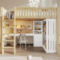 Lit mezzanine 140x200cm - bureau et armoire - 3 tiroirs - escalier - naturel (matelas non inclus)><noscript><img width=