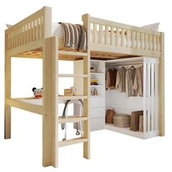 Lit mezzanine 140x200cm - bureau et armoire - 3 tiroirs - escalier - naturel (matelas non inclus)><noscript><img width=