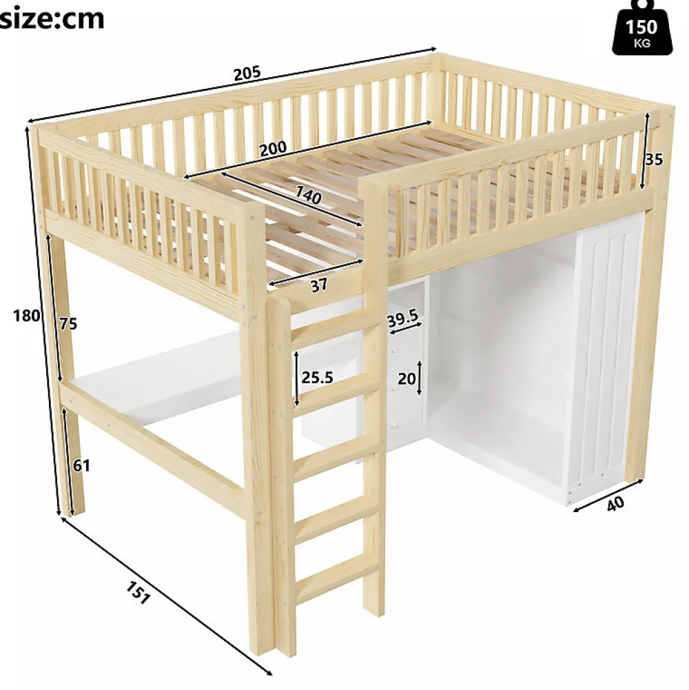 Lit mezzanine 140x200cm - bureau et armoire - 3 tiroirs - escalier - naturel (matelas non inclus)>ModernLuxe