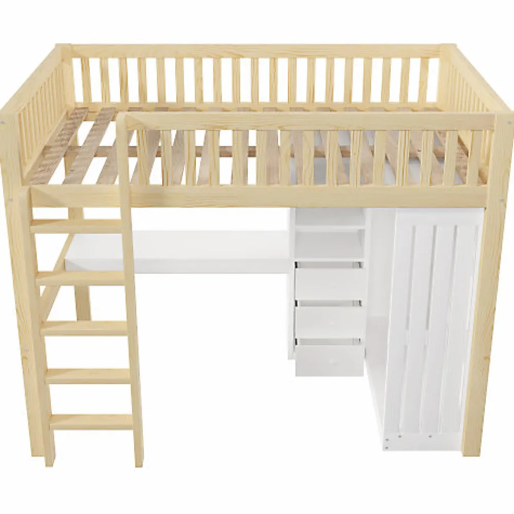 Lit mezzanine 140x200cm - bureau et armoire - 3 tiroirs - escalier - naturel (matelas non inclus)>ModernLuxe