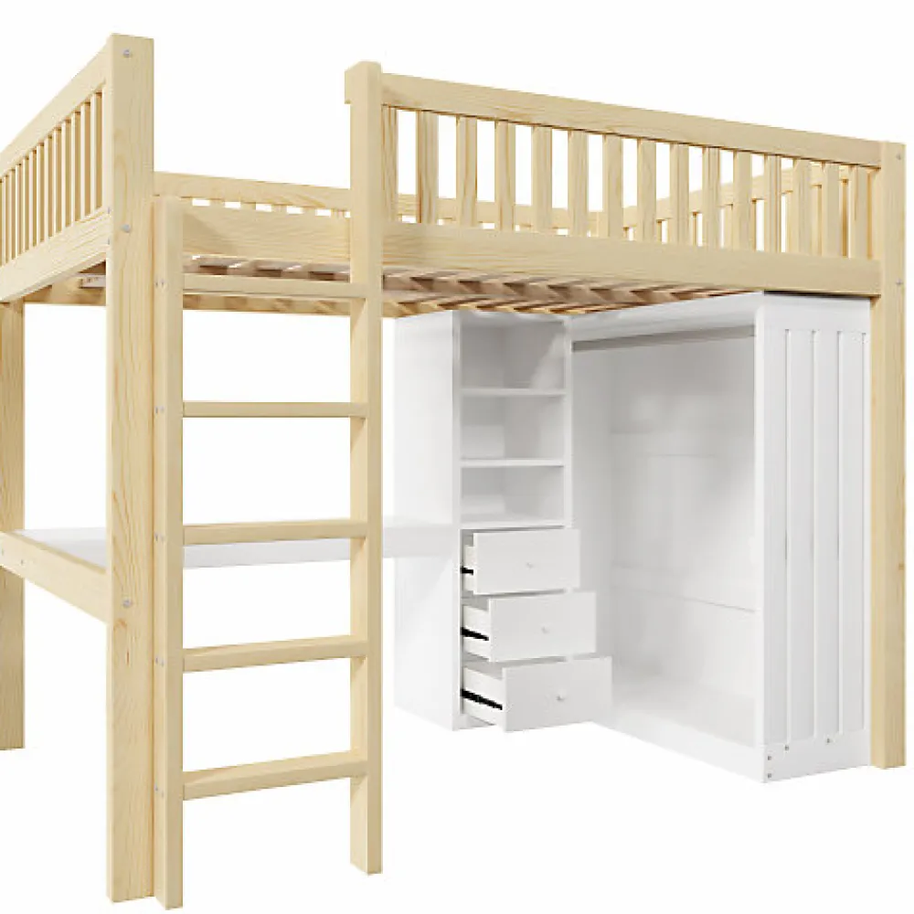 Lit mezzanine 140x200cm - bureau et armoire - 3 tiroirs - escalier - naturel (matelas non inclus)>ModernLuxe