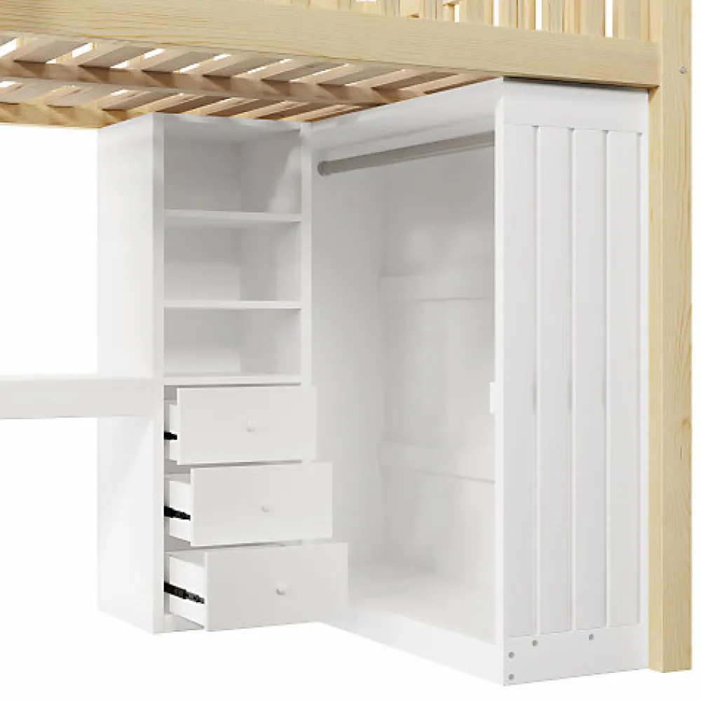 Lit mezzanine 140x200cm - bureau et armoire - 3 tiroirs - escalier - naturel (matelas non inclus)>ModernLuxe