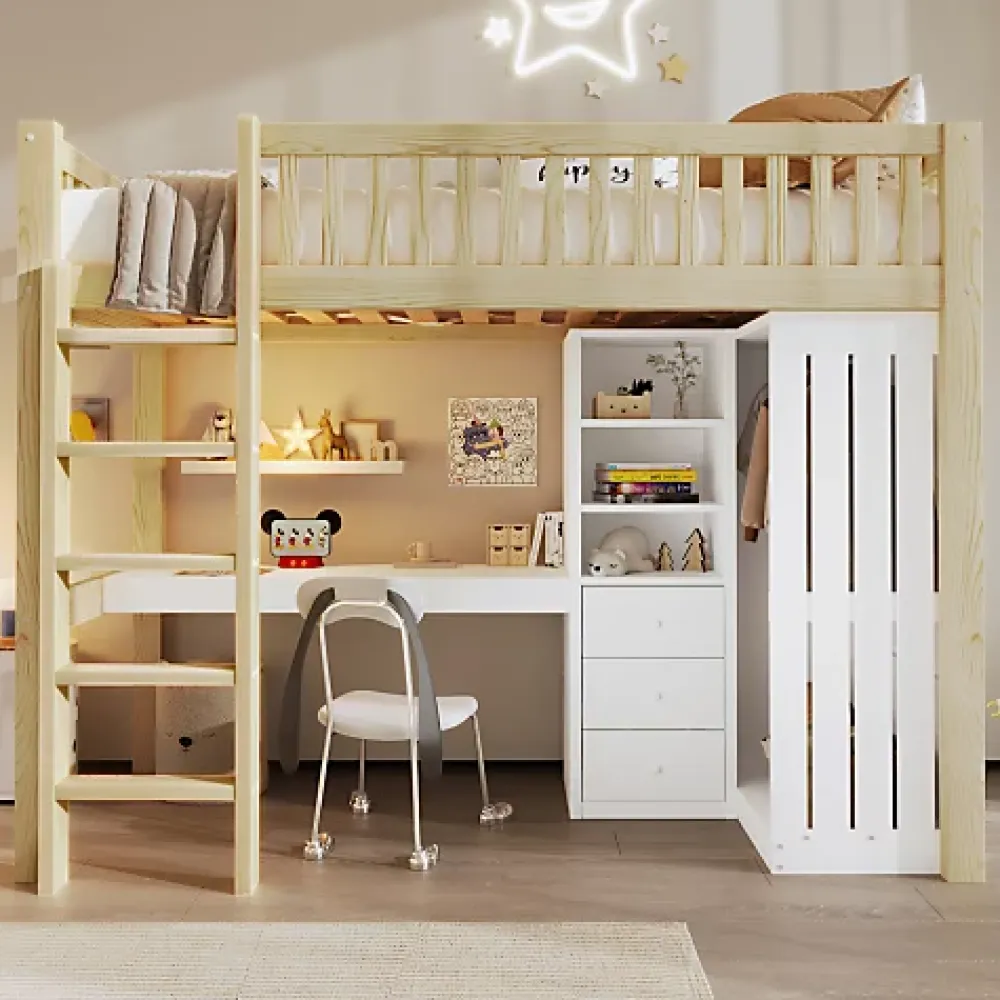 ModernLuxe Lit mezzanine 90x200cm - bureau et armoire - 3 tiroirs - escalier - naturel (matelas non inclus)* Lit Mezzanine