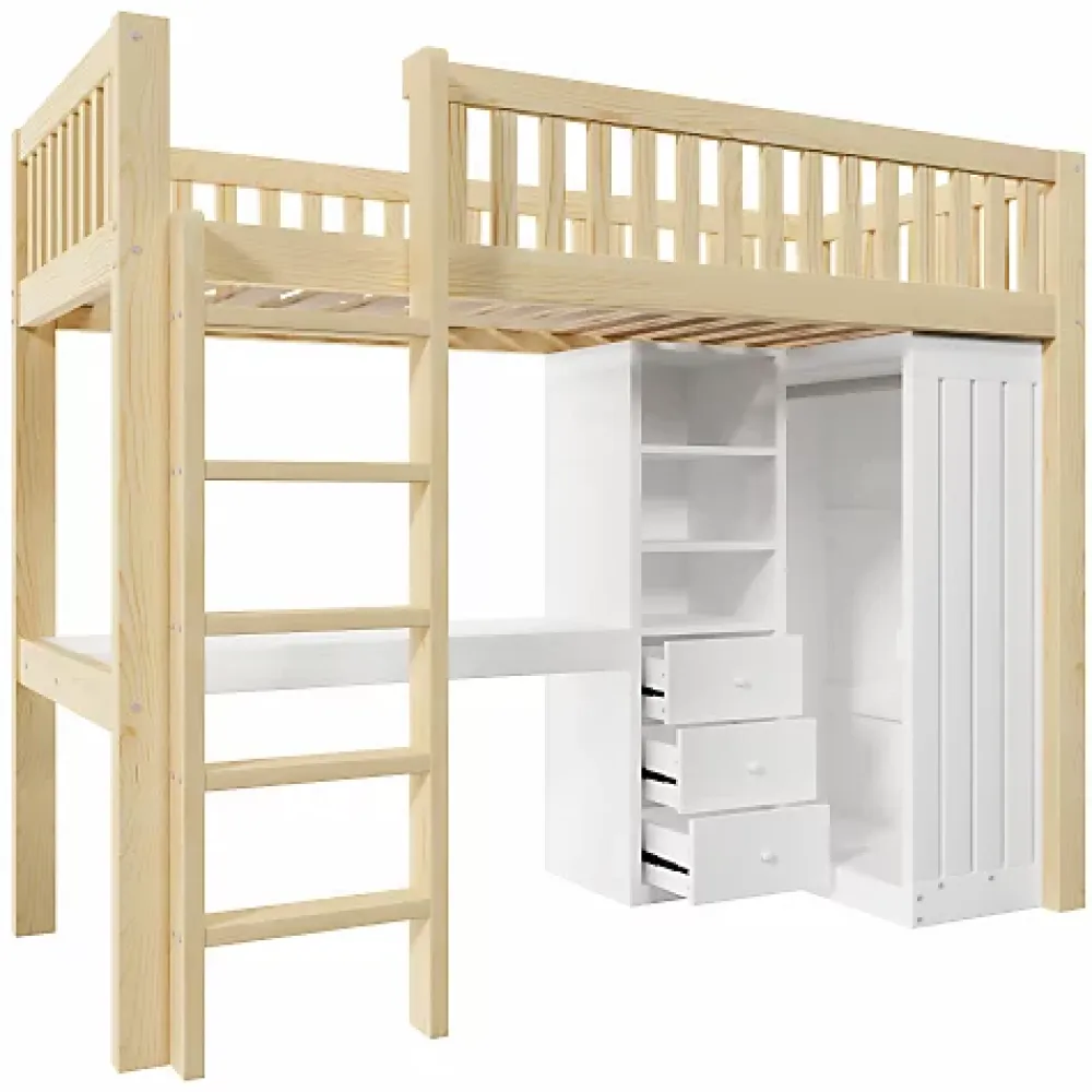 ModernLuxe Lit mezzanine 90x200cm - bureau et armoire - 3 tiroirs - escalier - naturel (matelas non inclus)* Lit Mezzanine