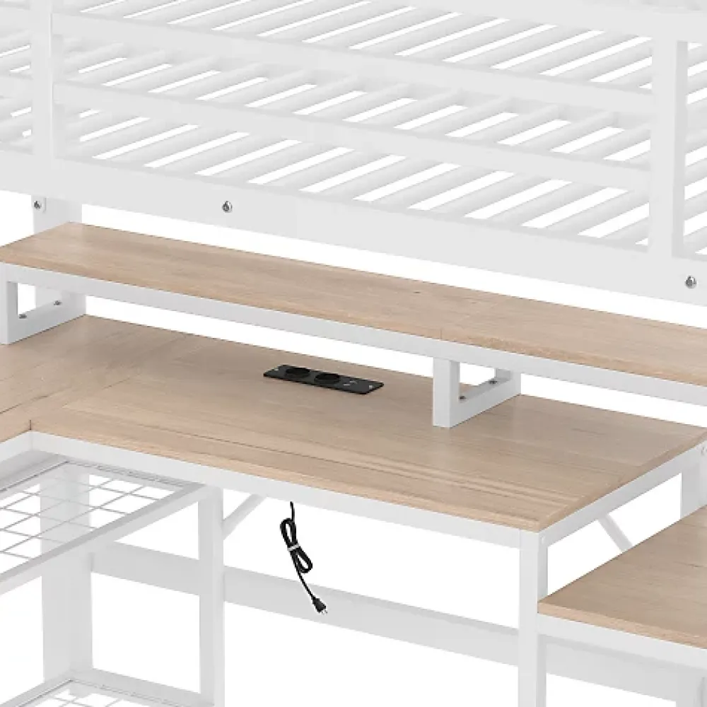 ModernLuxe Lit mezzanine 140x200cm - escalier de sécurité - rambarde - LED - bureau - port USB - blanc (matelas non inclus)* Lit Mezzanine