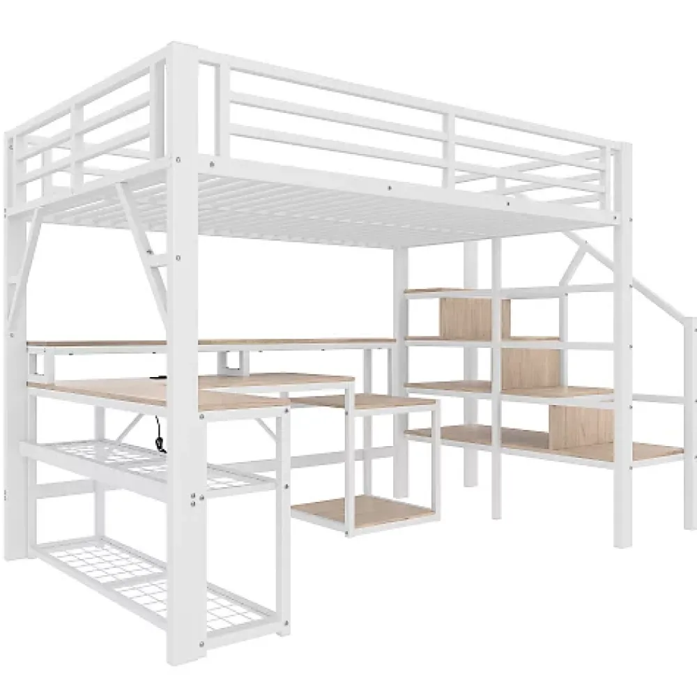 ModernLuxe Lit mezzanine 140x200cm - escalier de sécurité - rambarde - LED - bureau - port USB - blanc (matelas non inclus)* Lit Mezzanine